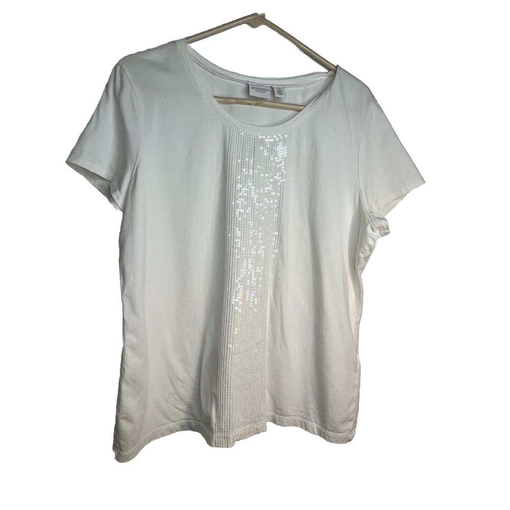 Chicos Shimmering Sequin front Sparkle White short slv Top Blouse sz 2 / L (15
